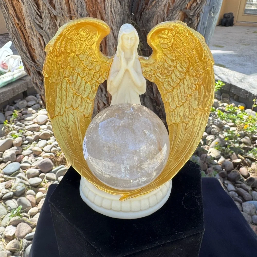 Gold Winged Angel with Clear Quartz Sphere
